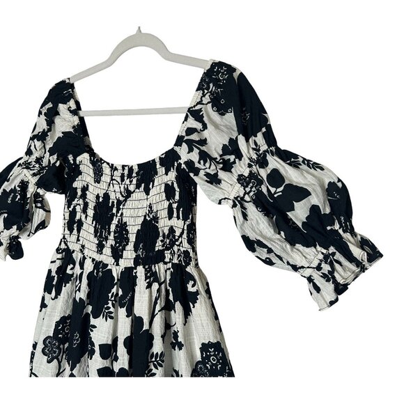 MISA Los Angeles Margarita Dress Black White Floral Smocked Puff Sleeve Midi M - Picture 4 of 10